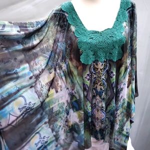 Tank w/cape overlay, embroidered neckline, 2X